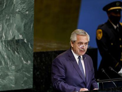 El presidente argentino, Alberto Fernández, en la Asamblea General de Naciones Unidas este martes en Nueva York.