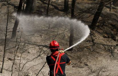 Un bombero franc&eacute;s refresca una zona quemada cerca de Marsella.