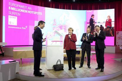 La canciller Angela Merkel durante la presentaci&oacute;n del acuerdo.