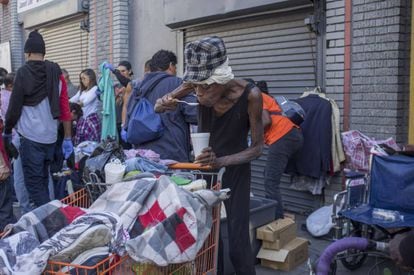 Una acera de Skid Row, esta semana.