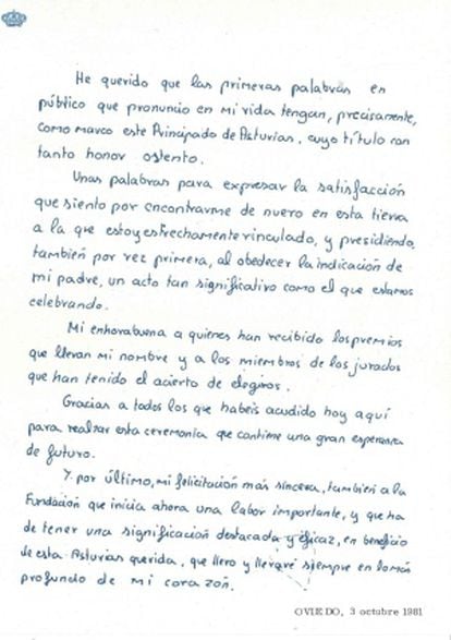 El manuscrito del primer discurso del rey Felipe VI en los Premios Príncipe de Asturias.
