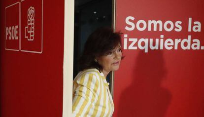 Carmen Calvo, aquest dissabte a la seu del PSOE.