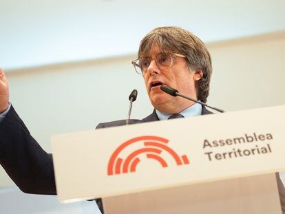 El expresidente catalán Carles Puigdemont durante una intervención en la Asamblea Territorial del Consell de la República el 1 de marzo.