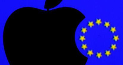 Un logotipo de Apple junto a una bandera de EU.