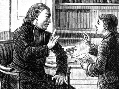 El padre Charles Michèle de l'Epée enseña lenguaje de señas a un sordomudo.