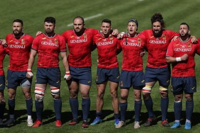 Los jugadores de la selección española de rugby durante el partido frente a Portugal en marzo.