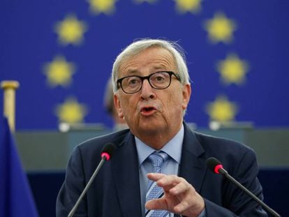 El presidente de la Comisión Europea Jean Claude Juncker, durante su intervención en el Parlamento, esta tarde en Estrasburgo.