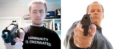 Imágenes de los vídeos <i>colgados</i> en Internet de Pekka-Eric Auvinen (izquierda), que mató a ocho personas en Tuusula el 7 de noviembre de 2007, y de Matti Juhani Saari, que disparó ayer a 10 estudiantes. En la camiseta de Auvinen se lee, en inglés, "La humanidad está sobrevalorada".