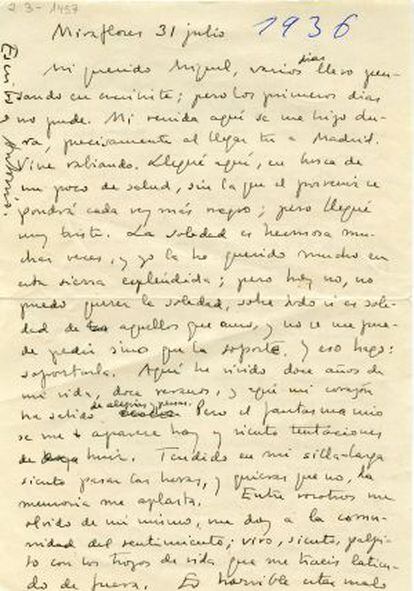 Carta remitida por Aleixandre a Miguel Hernández en julio de 1936.