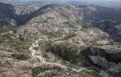 El color de la tierra desnuda ya domina las colinas del Macizo de la Hotte, al suroeste de Haití