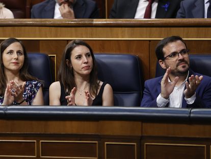 Ione Belarra, Irene Montero y Alberto Garzón, en el Congreso.