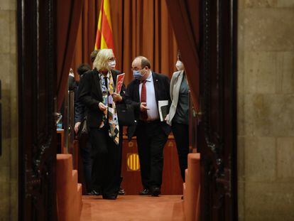 El líder del PSC, Miquel Iceta, durante la reunión sobre la fecha electoral, este viernes en el Parlament.