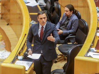 El presidente del Gobierno, Pedro Sánchez, en su intervención en el Senado.