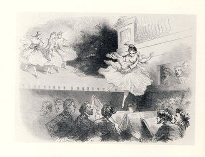 Incidente en que la bailarina Marie Jacob caía al foso de la orquesta en la Ópera de París Le Peletier al final del 'Pas de Quatre', recogido por 'Le Ménestrel' el 18 de febrero de 1849.