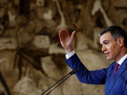 El presidente de Gobierno, Pedro Sánchez, durante una conferencia de prensa en el Palacio de la Moncloa.