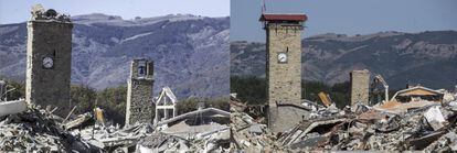 Combo de imágenes que muesta la ciudad de Amatrice devastada tras el terremoto del 24 de agosto de 2016 (izquierda) y la misma zona el 3 de agosto de 2017 (derecha).