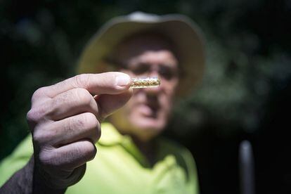 Manolo Rodríguez muestra el oro que ha acumulado bateando en los ríos.