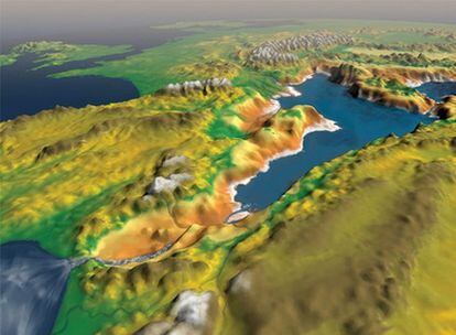 Ilustración de la inundación del Mediterráneo por el estrecho de Gibraltar, hace 5,3 millones de años, vista desde Marruecos.