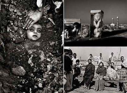 A la izquierda, una de las imágenes más conocidas del fotógrafo indio Raghu Rai, de un niño muerto en Bhopal en 1984. Arriba a la derecha, niños muertos y con deformaciones metidos en frascos de formol, con la ciudad al fondo. Abajo, un grupo de hombres y mujeres que resultaron con graves quemaduras en los ojos durante la fuga de gas de la compañía estadounidense Union Caribe.