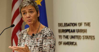 La comisaria europea de la Competencia, Margrethe Vestager, en una visita a EE UU. 