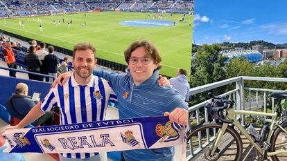 A la izquierda de la imagen, Daniel Mañero con la camiseta de la Real Sociedad junto a un amigo. A la derecha, vista del Reale Arena tras completar su viaje en bicicleta desde Valencia.