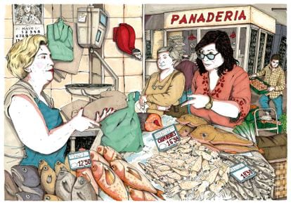 Almudena Grandes in the Barceló Market, an illustration by Ana Jarén included in the book 'Almudena.  A biography' (Lumen), by Aroa Moreno and Ana Jarén.