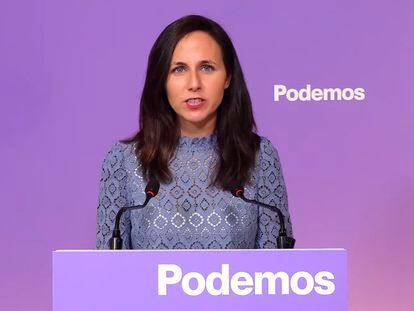 Declaraciones de Ione Belarra, este viernes en la sede de Podemos.