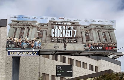 The poster for 'The Chicago 7 Trial', designed by Matilla, exhibited in Los Angeles, California.