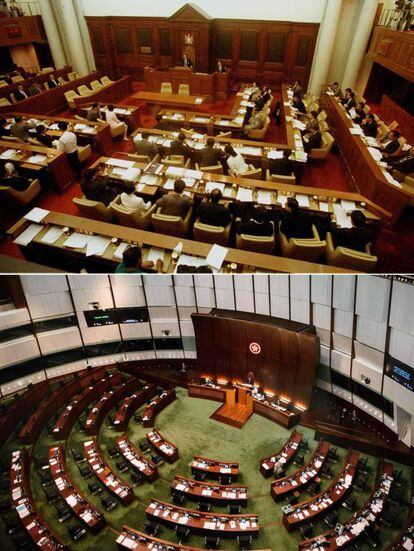 Arriba: una reunión del Consejo Legislativo de Hong Kong del 27 de junio de 1997 durante la cual se votó un proyecto de ley para proteger el famoso puerto Victoria; abajo: vista del Consejo Legislativo durante una reunión del 8 de junio de 2017.