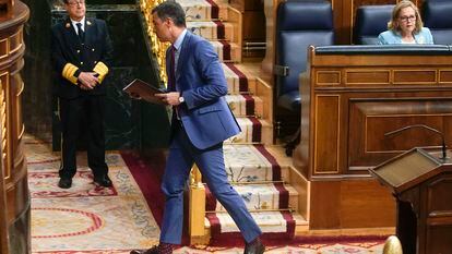 El presidente del Gobierno, Pedro Sánchez, durante la sesión de control al Gobierno en el Congreso de los Diputados, este miércoles.