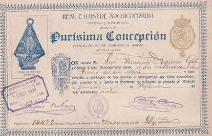Un titulo de pertenencia a la Real e Ilustre Archicofradía de la Purísima Concepción.