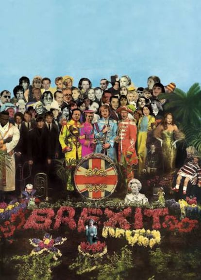 En 1967, el artista Peter Blake y su esposa, Jann Haworth, diseñaron esta portada para el ‘Sgt. Pepper’s Lonely Hearts Club Band’ de The Beatles. Hemos sustituido a Carl Jung, Fred Astaire o Marilyn Monroe por iconos de la era del 'britpop' (Jarvis Cocker, Damon Albarn, Noel Gallagher…) y cambiado a los Beatles por los cuatro tenores del Brexit: Theresa May, David Cameron, Nigel Farage y Boris Johnson.