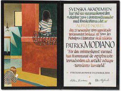 El diploma del Nobel para Patrick Modiano contó con las ilustraciones de Jens Fänge, la caligrafía Annika Rücker, y la encuadernación de Ingemar Dackéus.