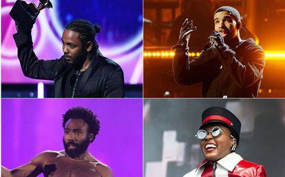 De izquierda a derecha y de arriba abajo: Kendrick Lamar, Drake, Childish Gambino y Janelle Monáe.