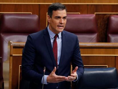 El presidente del Gobierno, Pedro Sánchez, durante su intervención en el debate en el Congreso de la quinta prórroga del estado de alarma.