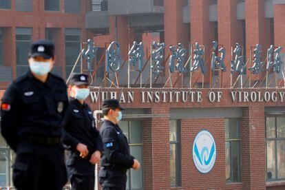 Security personnel guarding the Wuhan Institute of Virology, in a file photo.