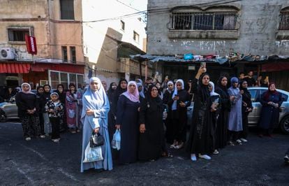 Dozens of women gather at the funeral for the four murdered Palestinians, on Tuesday, November 7, in Tulkarem, West Bank.