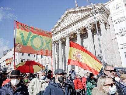 Varias personas sostienen banderas de España y de Vox en una manifestación contra la reforma de la Ley de Seguridad Ciudadana.