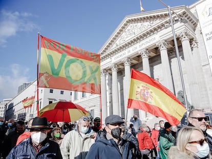 Varias personas sostienen banderas de España y de Vox en una manifestación contra la reforma de la Ley de Seguridad Ciudadana.