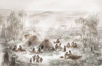 Ilustración de cómo debía ser el poblado de Pequeño Amanecer.