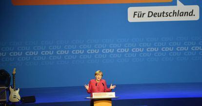 Merkel, este s&aacute;bado en un mitin en Berl&iacute;n.