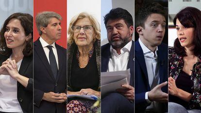 De izquierda a derecha, Isabel Díaz Ayuso, Ángel Garrido, Manuela Carmena, Carlos Sánchez Mato, Íñigo Errejón e Isabel Serra.