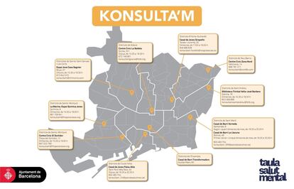 Mapa de las oficinas de la red de atención psicológica para jóvenes Konsulta'm.