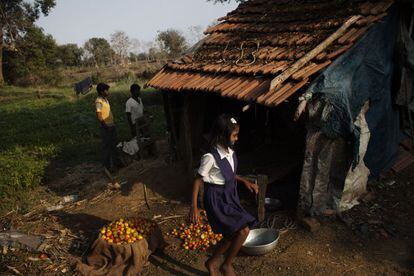 Una niña, vestida con el uniforme del colegio, juega frente a una casa y un pequeño puesto de venta de tomates en Bodhali. En este pueblo, la mayoría de la población trabaja en la agricultura. La gente suele ganar entre 4.000 y 5.000 rupias al mes (entre 50 y 62 euros).