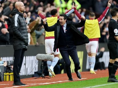 Unai Emery celebra uno de los goles del Aston Villa ante el Manchester United este domingo.