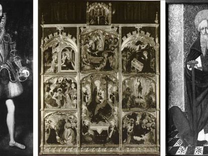 Tres de les obres de la col·lecció de Muñoz Ramonet no recuperades: 'Retrat de Manuel de Castelo Branco', de Pantoja de la Cruz (1590), 'Retaule de la Verge de la Llet', de Gonçal Peris, segle XV, i 'Sant Antoni Abad', de Bartolomé Bermejo, segle XV.
