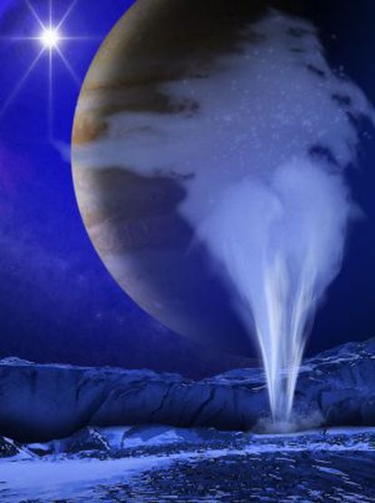 Ilustración de una pluma de de agua en Europa, una de las lunas de Júpiter.