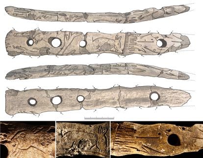 Dibujo y fotografías de las dos caras del bastón encontrado en la cueva de Aizkoltxo (Gipuzkoa).