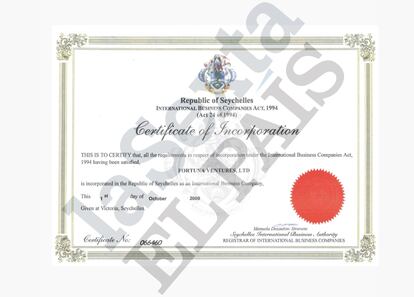 Certificado de incorporación de Fortuna Ventures. EL PAÍS/La Sexta/ICIJ