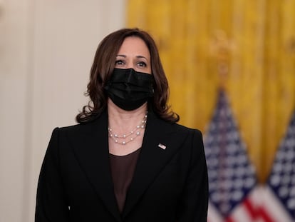 La vicepresidenta Kamala Harris en una rueda de prensa de Joe Biden sobre Afganistán, en la Casa Blanca.